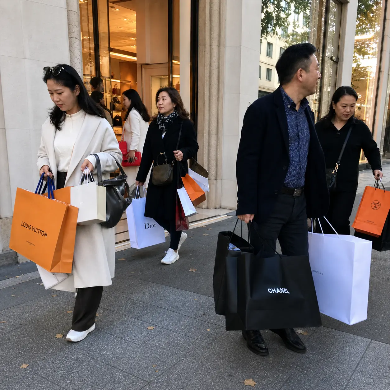 Chinese luxury shoppers walking out of boutiques